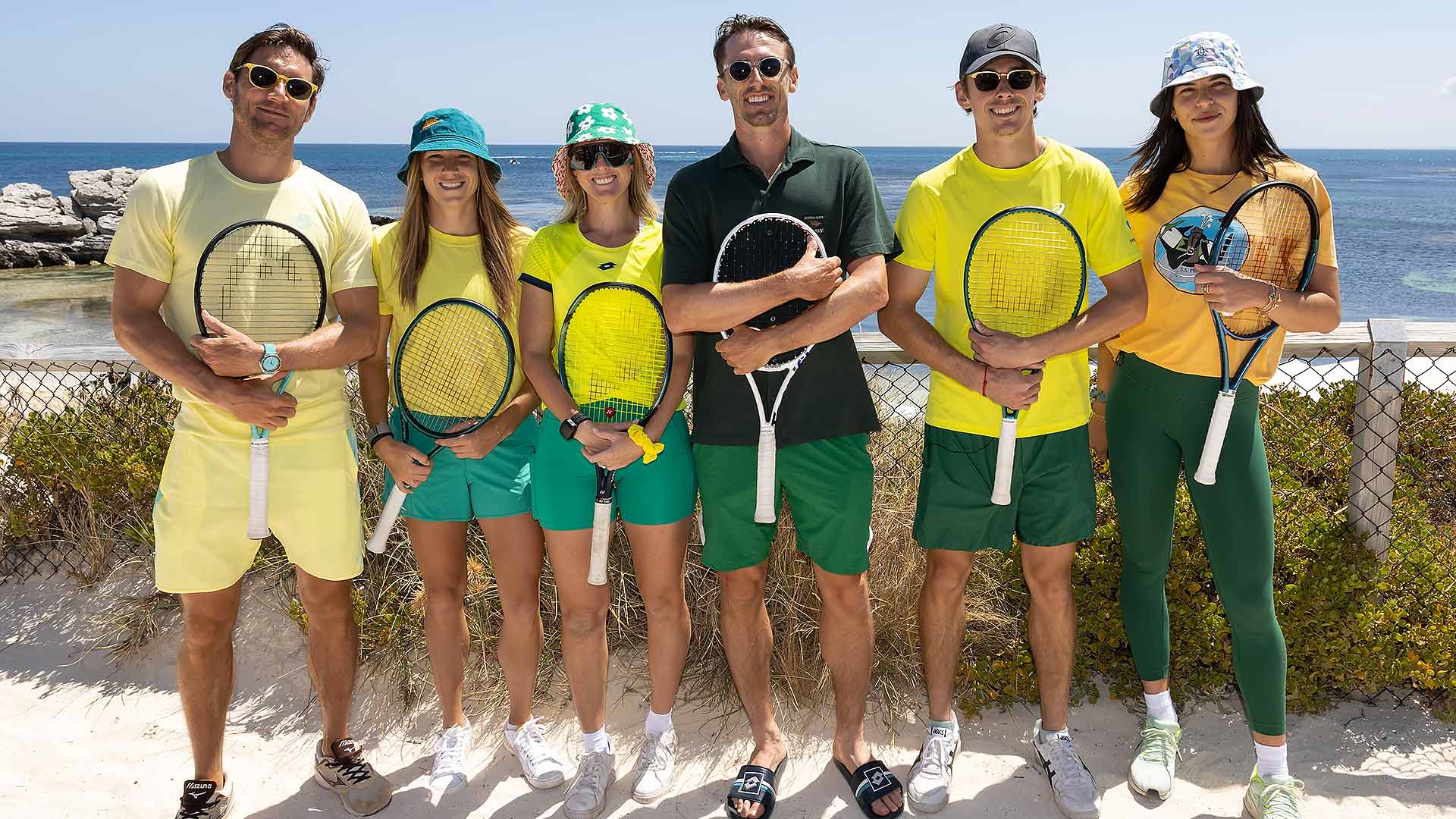 Matt Ebden, Ellen Perez, Storm Hunter, John Millman, Alex de Minaur and Ajla Tomljanovic of Team Australia pose at Rottnest Island ahead of the 2024 United Cup 