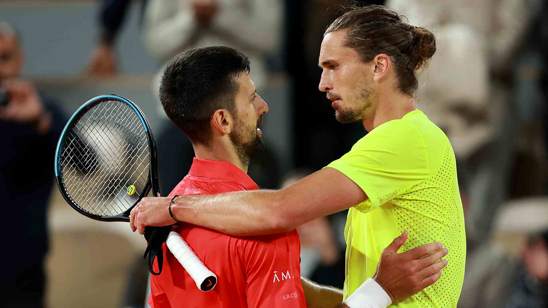 Novak Djokovic and Alexander Zverev at Roland Garros in 2025.