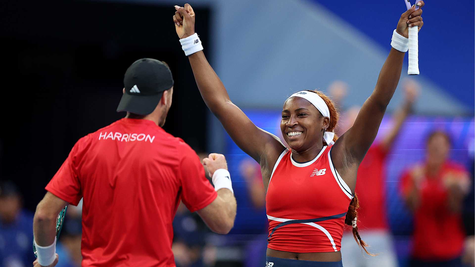 Coco Gauff celebrates with Christian Harrison.
